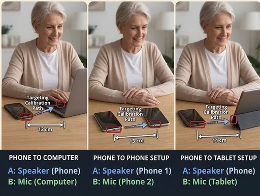 Calibration placement guide: phone to computer, phone to phone, phone to tablet
