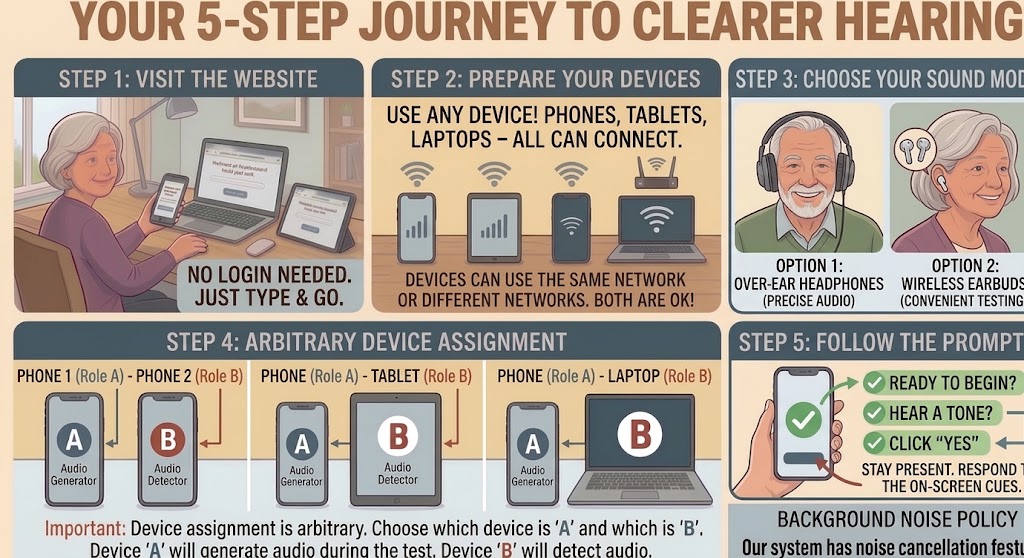 How the home hearing test works: visit the website, prepare two devices, choose over-ear headphones or wireless earbuds, follow the on-screen prompts, get your noise-aware hearing chart