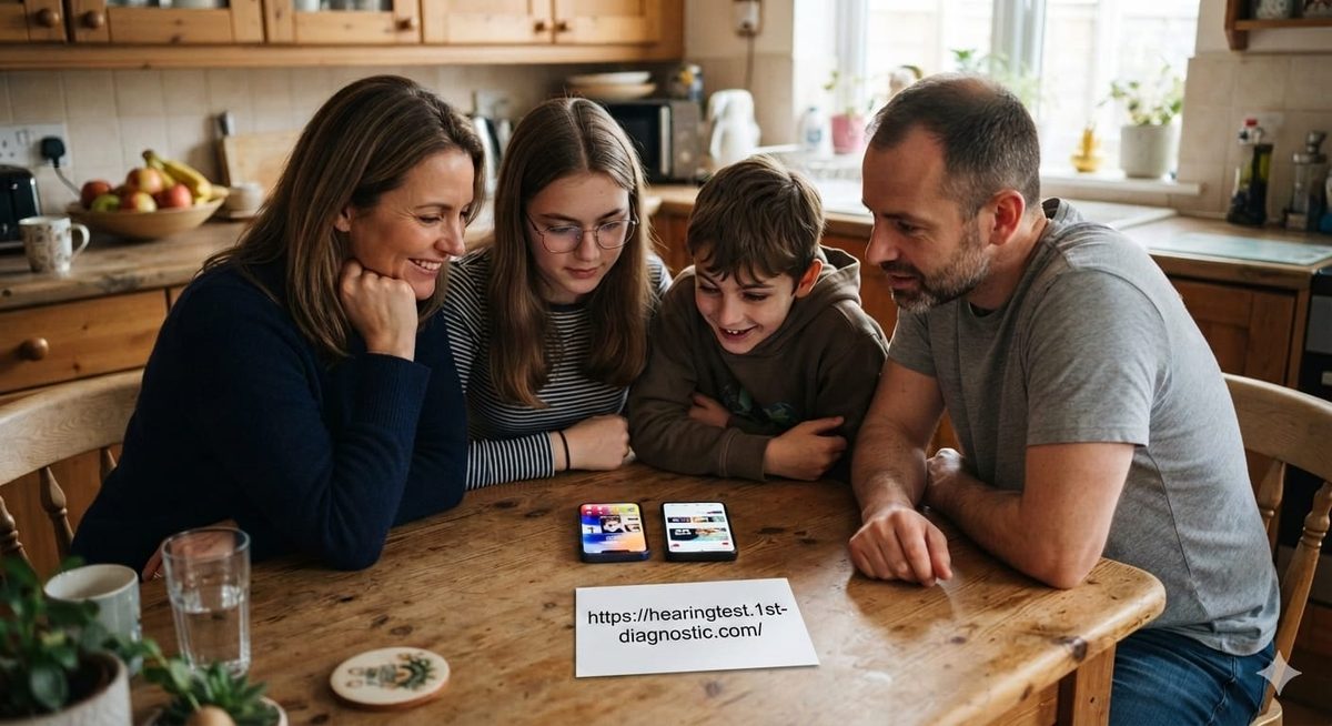 Family taking a home hearing test together using two devices at the kitchen table